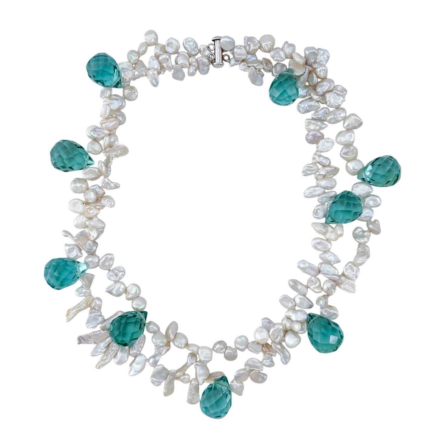 Vintage Sterling Silver 925 Pearl Teal Faceted Crystal Prism Necklace 19"