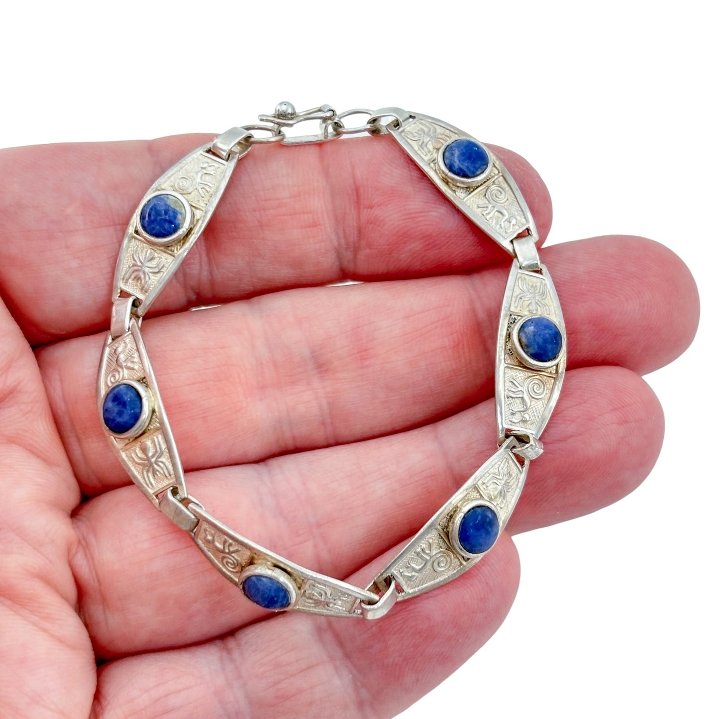 Vintage Sterling Silver 950 Lapis Lazuli Link Bracelet 7"