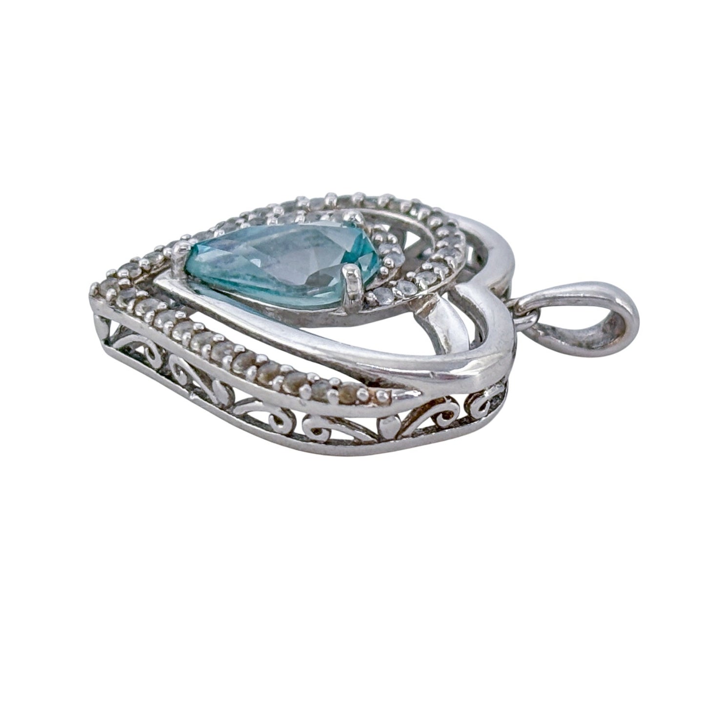 Vintage Sterling Silver 925 Blue Topaz Diamond Heart Pendant