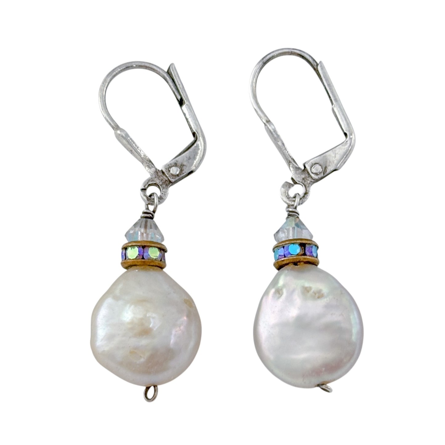 Vintage Sterling Silver 925 White Coin Pearl & Crystal Dangle Earrings