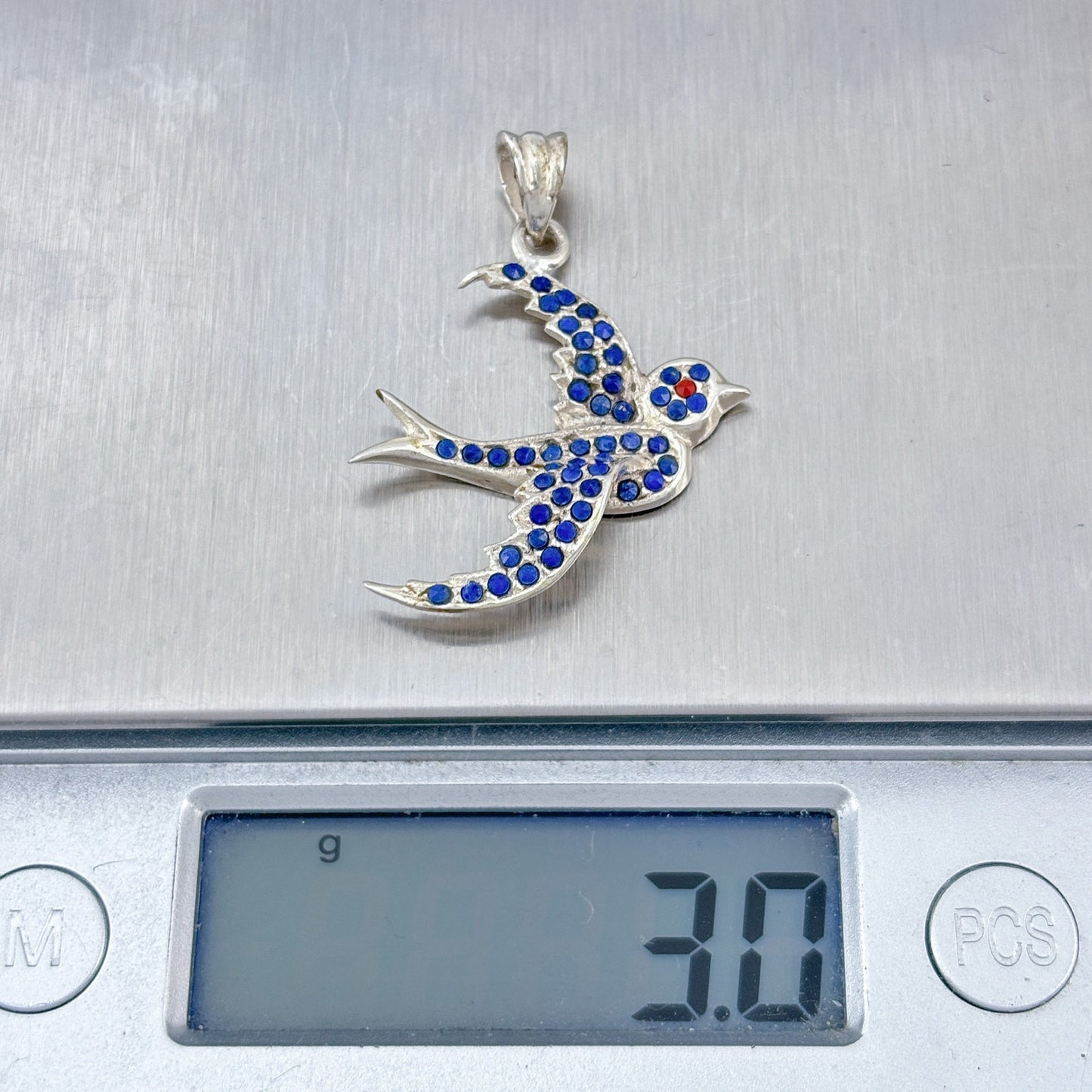Vintage Sterling Silver 925 Blue Crystal Swallow Bird Pendant