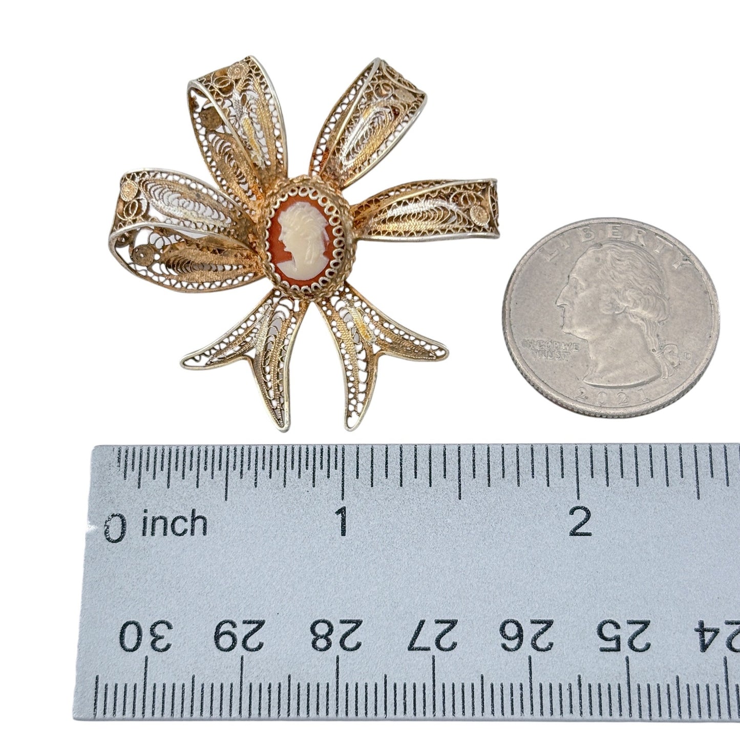 Vintage Vermeil Over Sterling Silver 800 Shell Cameo Filigree Bow Brooch