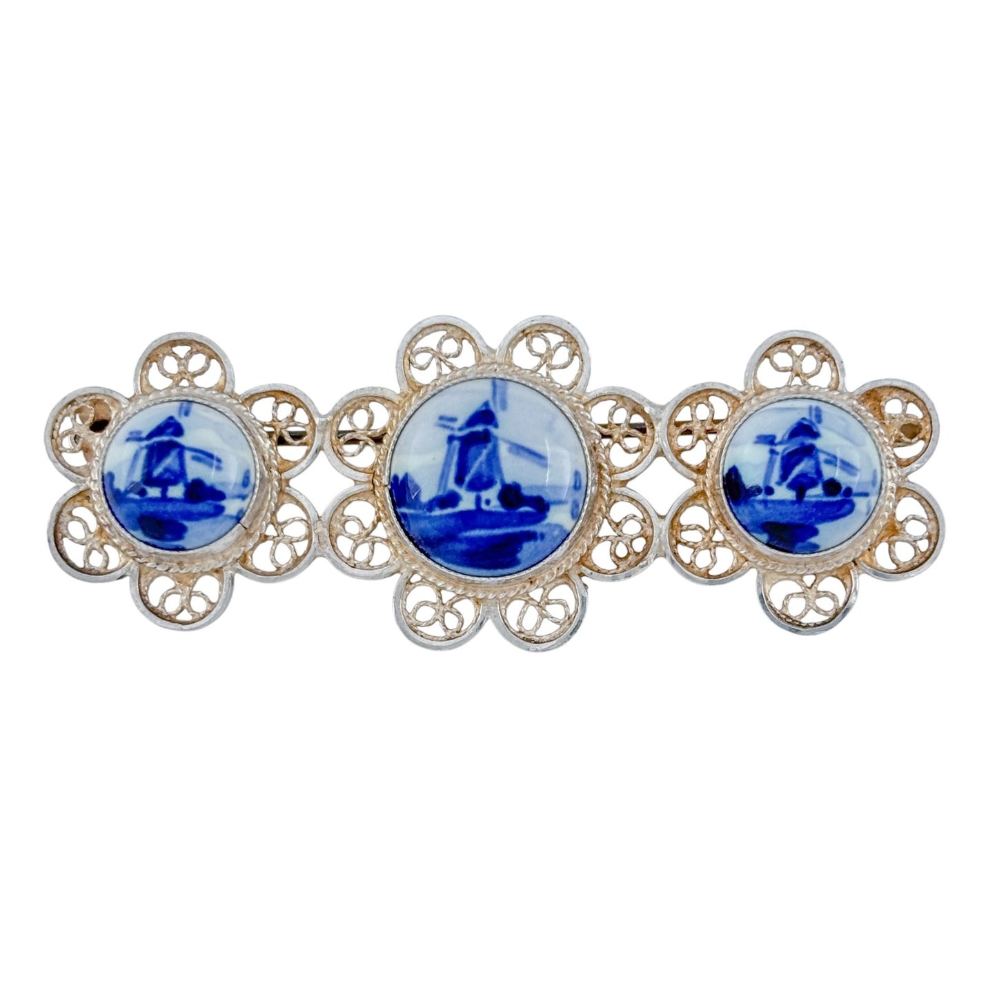 Vintage Sterling Silver 925 Delft 3 Panel Brooch