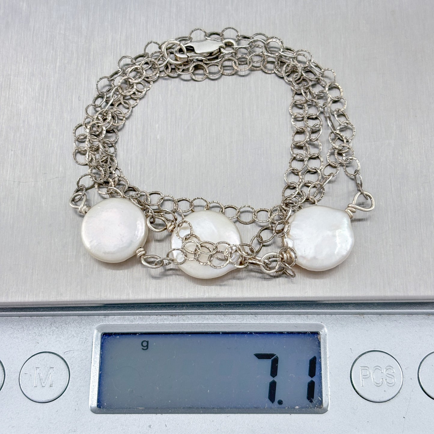 Vintage Sterling Silver 925 Coin Pearl Chain Necklace 24.5"