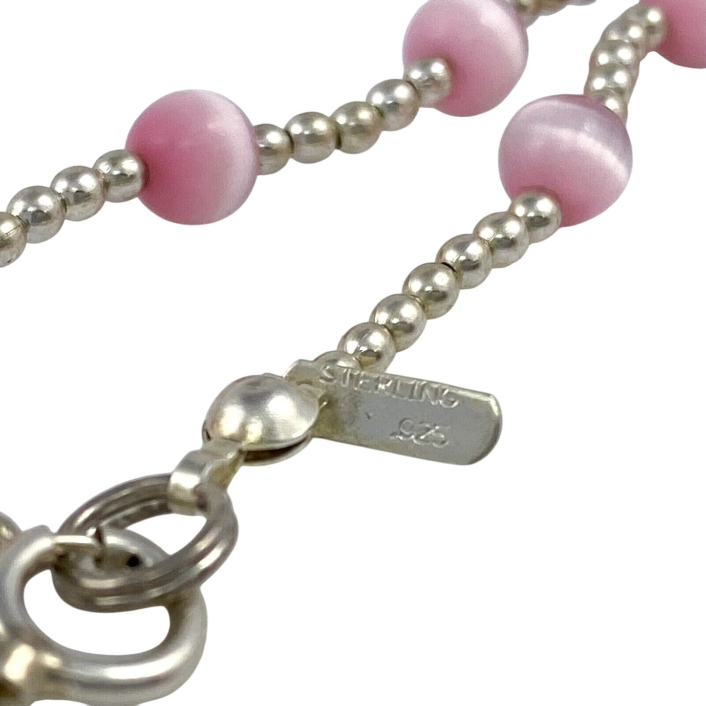 Vintage Sterling Silver 925 Pink Cat’s Eye Glass Bracelet 7.5"