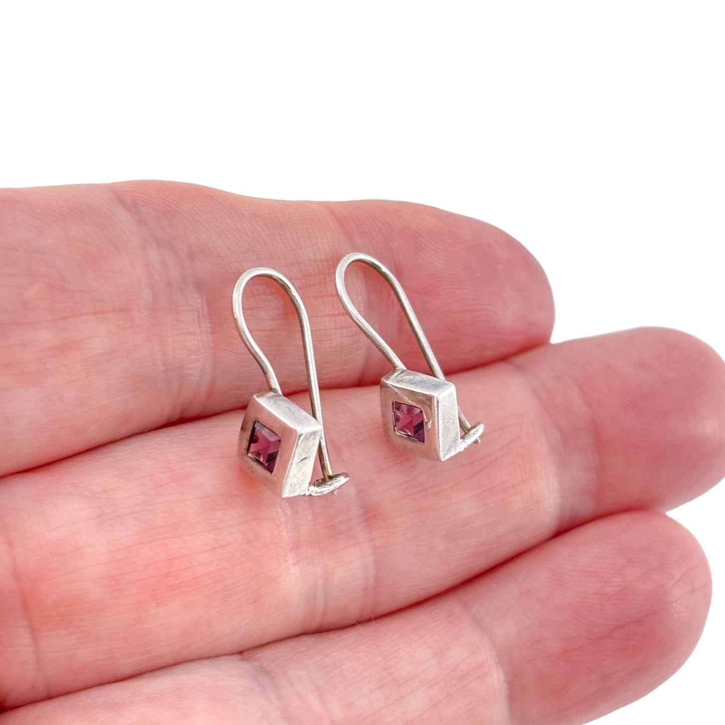 Vintage Sterling Silver 925 Purple Crystal Square Drop Earrings