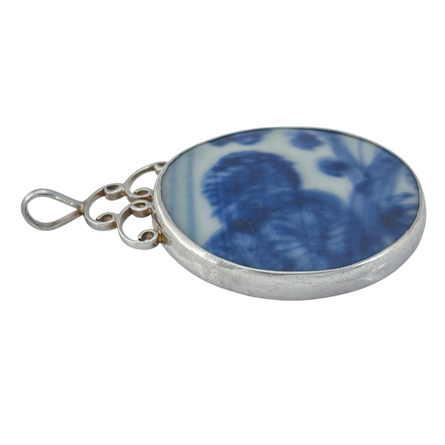 Vintage Sterling Silver 925 Blue White Porcelain Pendant