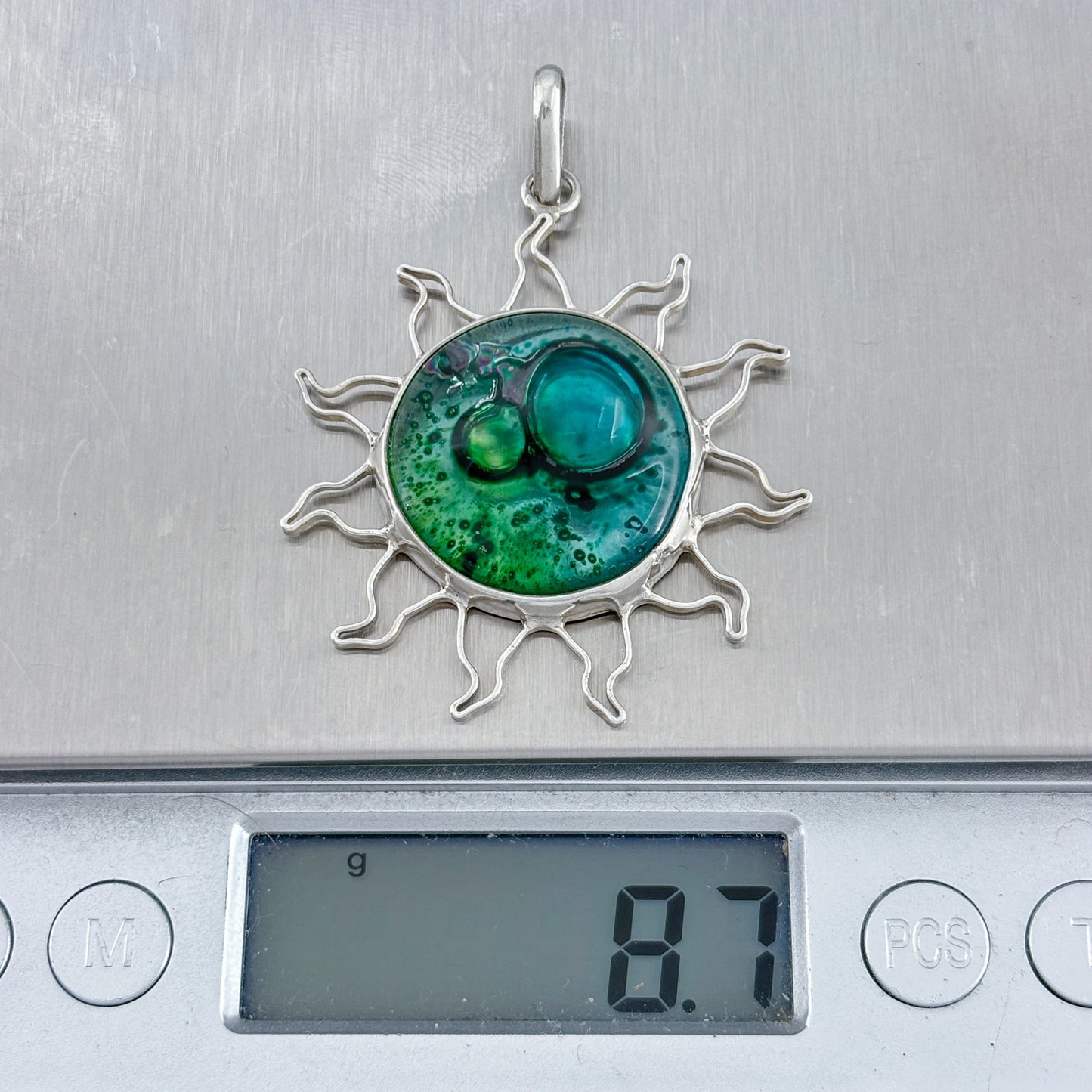 Vintage Sterling Silver 925 Green Glass Sun Pendant