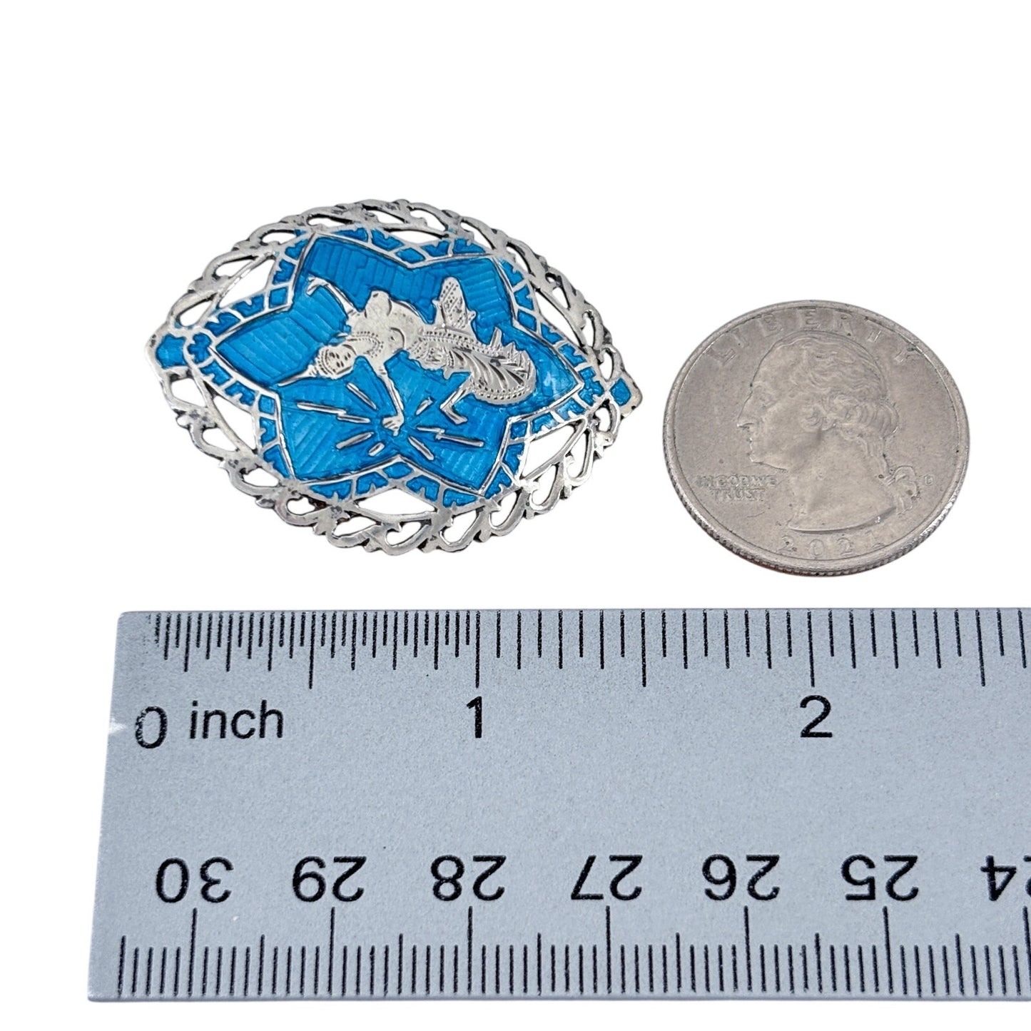 Vintage Sterling Silver 925 Blue Niello Siam Filigree Brooch