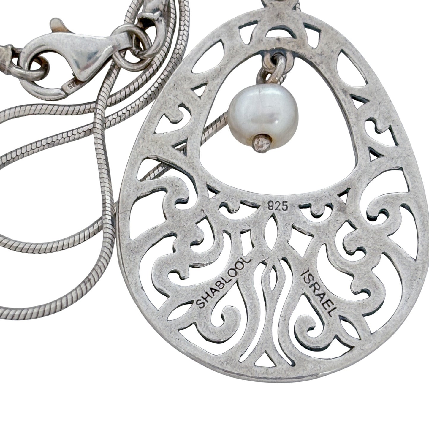 Vintage Sterling Silver 925 Ornate Filigree Pearl Pendant 17"