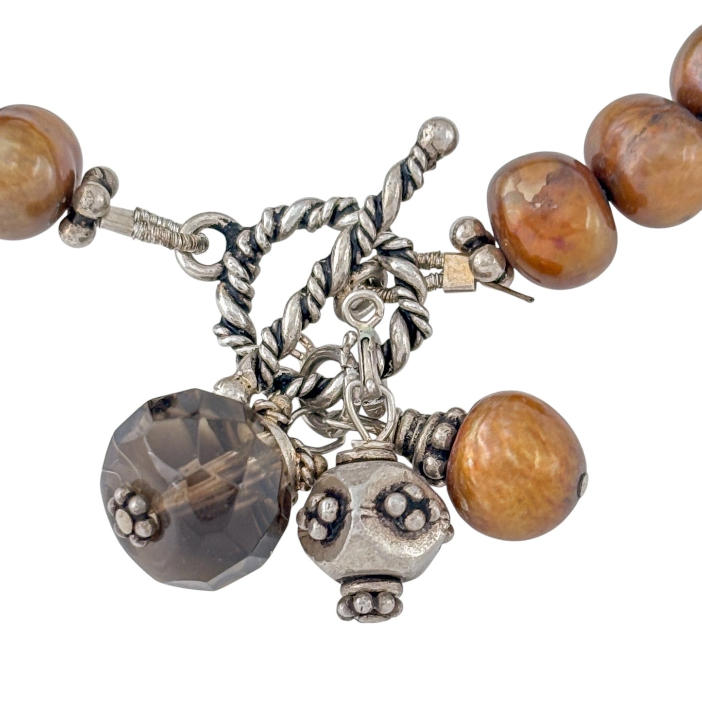 Vintage Sterling Silver 925 Brown Pearl Beaded Charm Bracelet 6.75"
