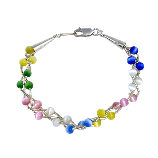 Vintage Sterling Silver 925 Multicolor Cat’s Eye Bracelet 6.75"
