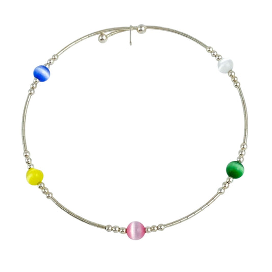 Vintage Sterling Silver 925 Multicolor Cat’s Eye Memory Wire Bracelet 7.5"