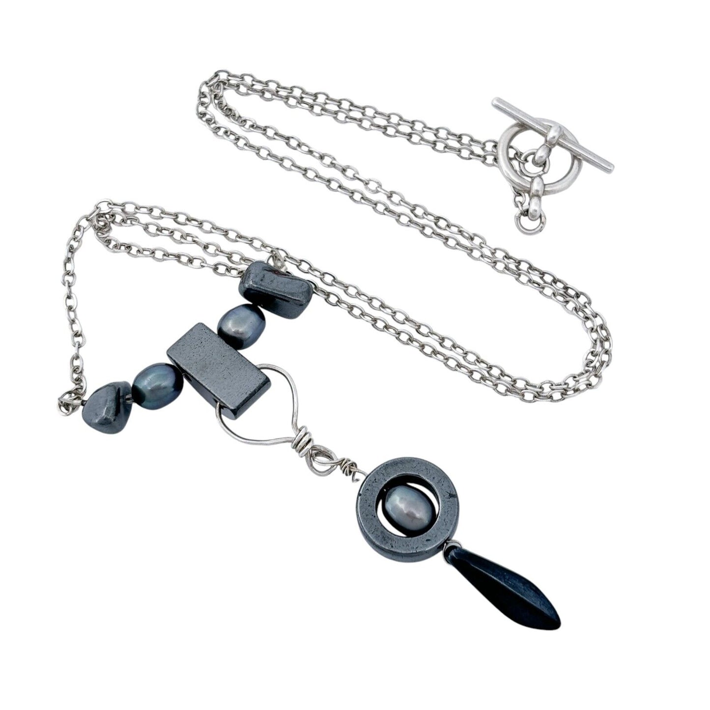 Vintage Artisan Silver-Tone Hematite Unique Pendant Necklace 19"