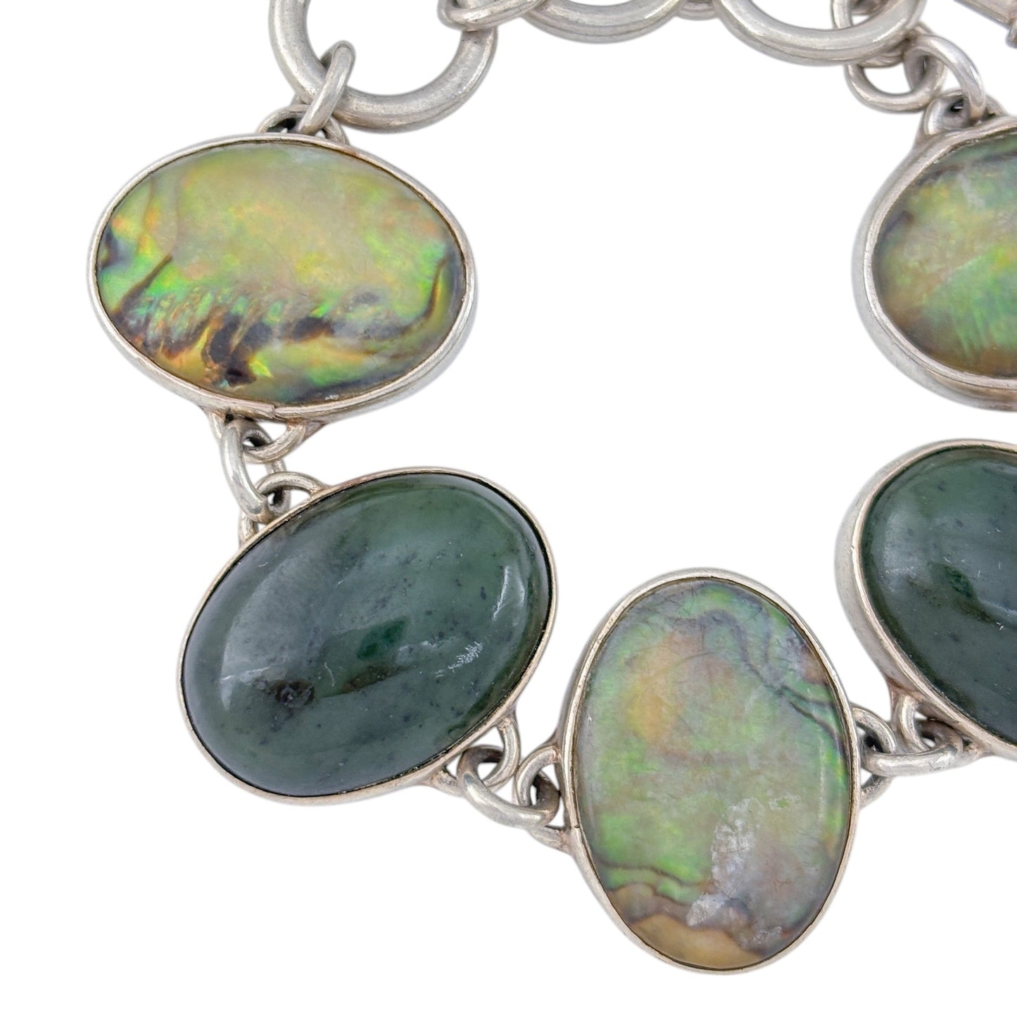 Vintage Sterling Silver 925 Abalone and Nephrite Link Bracelet 6-7"