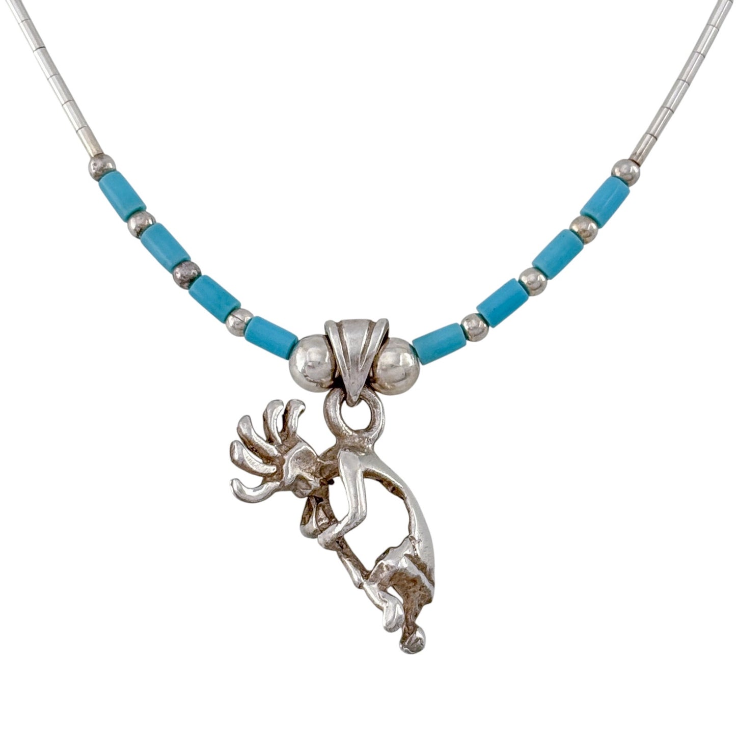 Vintage Sterling Liquid Silver 925 Turquoise Kokopelli Necklace 16.5"