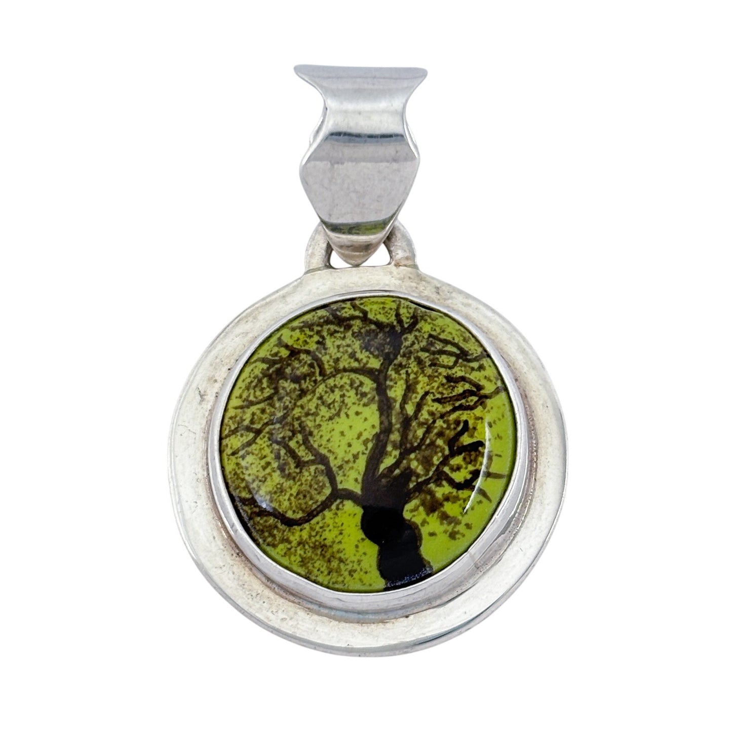Vintage Sterling Silver 925 Green Fused Glass Tree Pendant