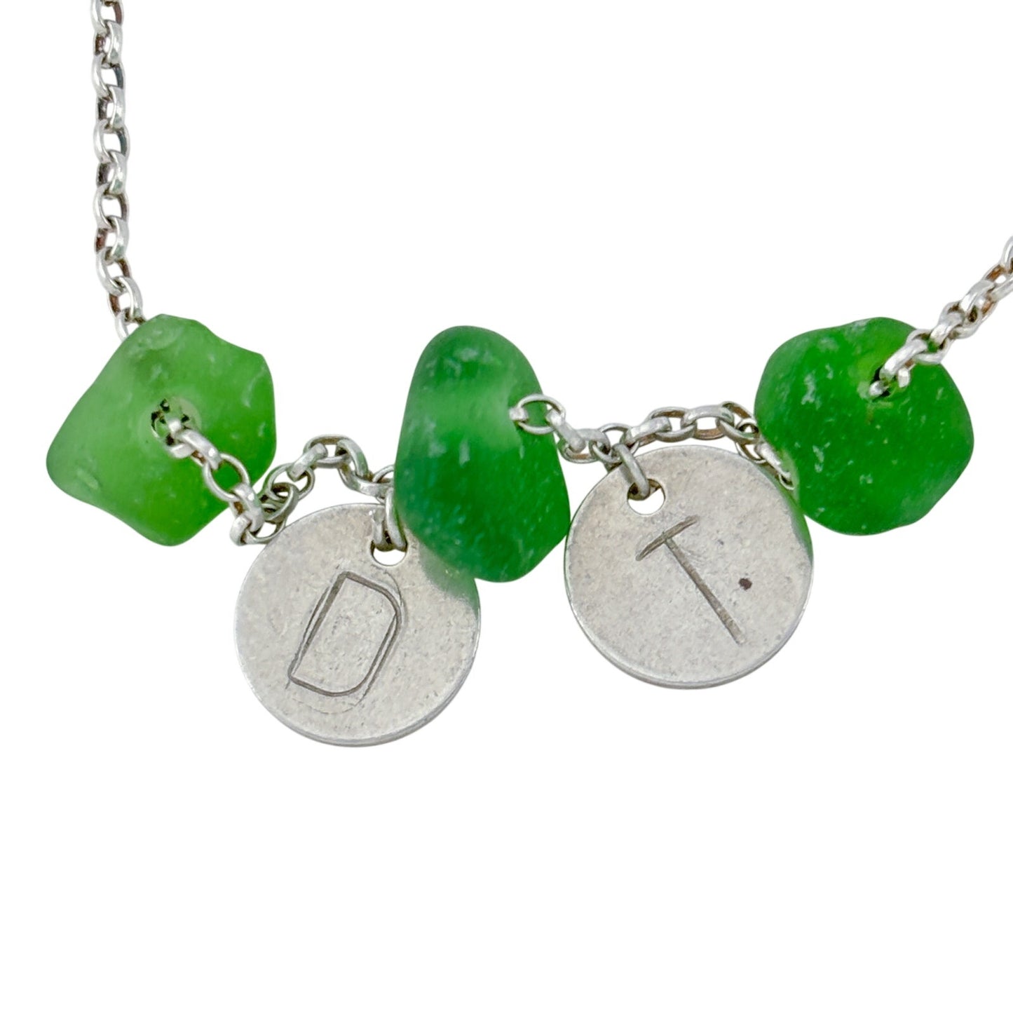Vintage Sterling Silver 925 Sea Glass Initial DT or TD Bracelet 7"