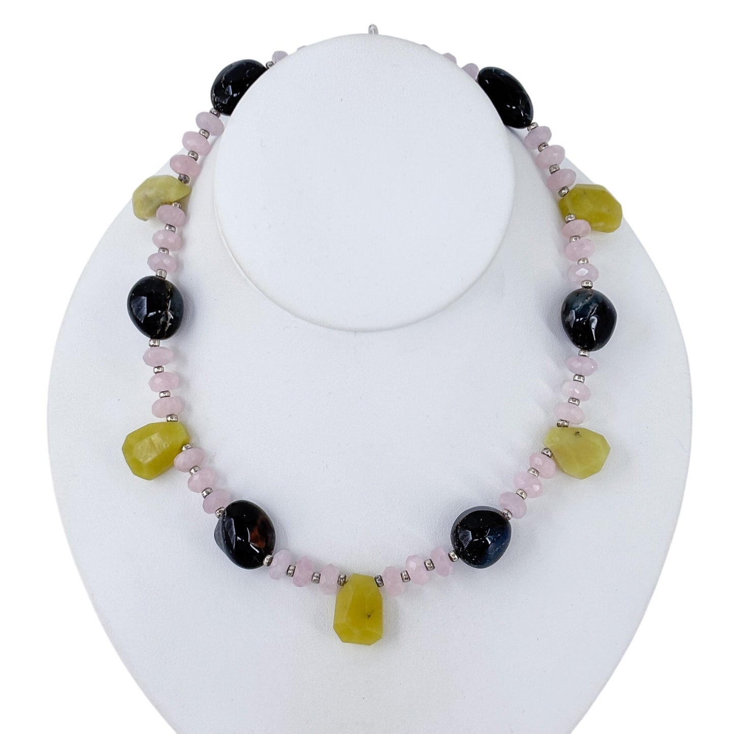 Vintage Sterling Silver 925 Agate Chrysoprase Rose Quartz Necklace 16"