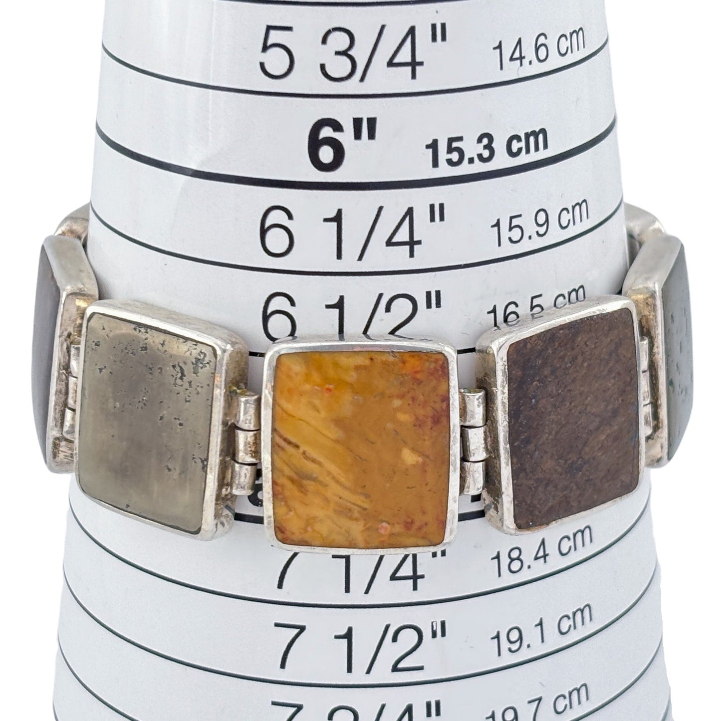 Vintage Sterling Silver 925 Pyrite Bronzite Jasper Link Bracelet 7.25"