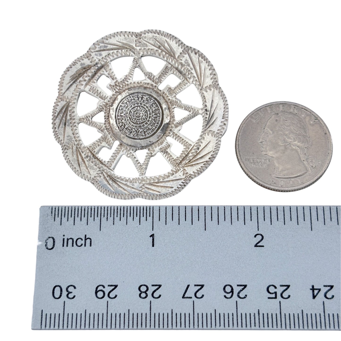Vintage Mexico Taxco Sterling Silver 925 Aztec Calendar Pendant Brooch