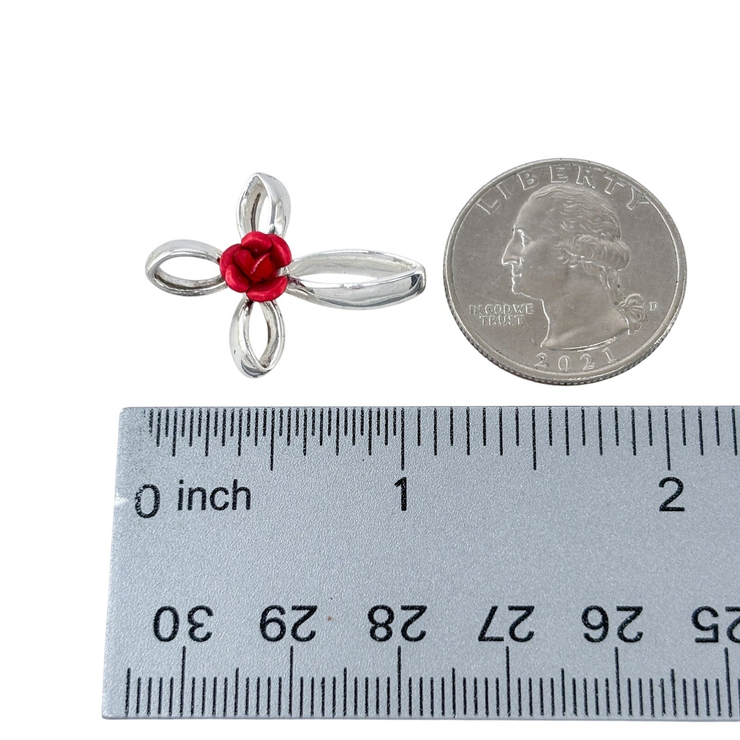 Vintage Sterling Silver 925 Red Rose Cross Pendant