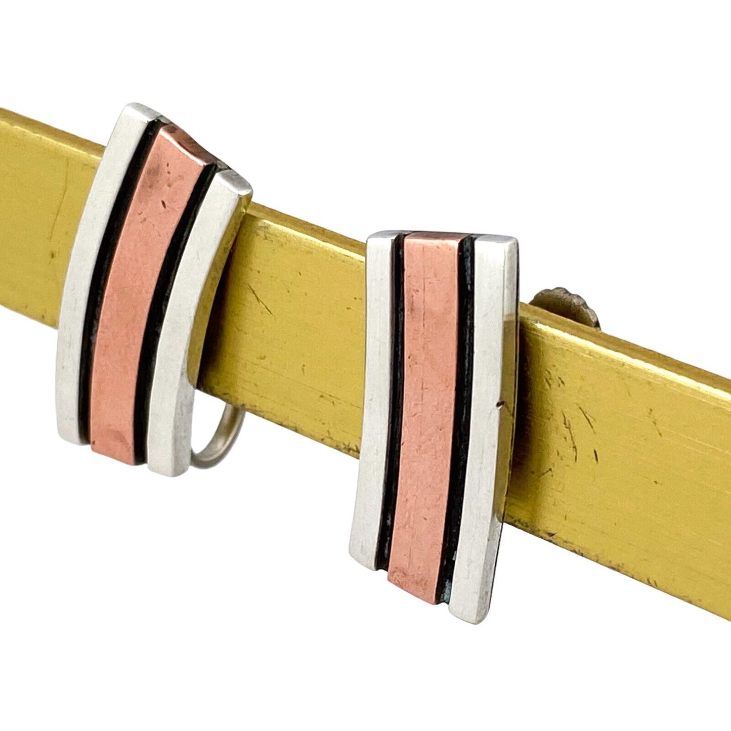 Vintage Sterling Silver 925 Copper Tri Panel Screw Back Earrings