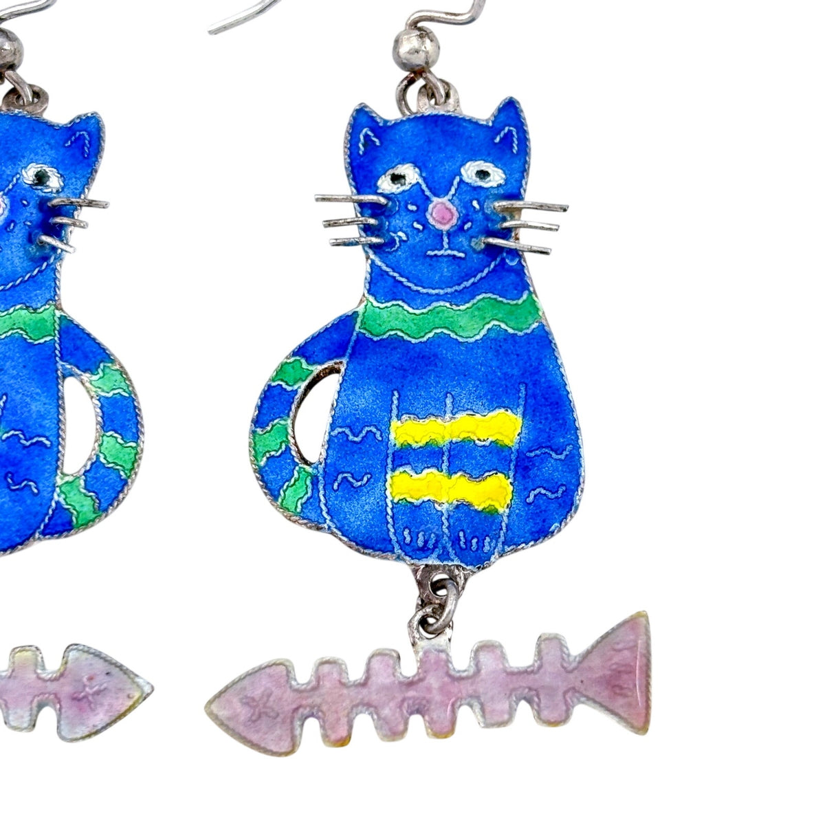Vintage Sterling Silver 925 Blue Enamel Cat & Fish Dangle Earrings
