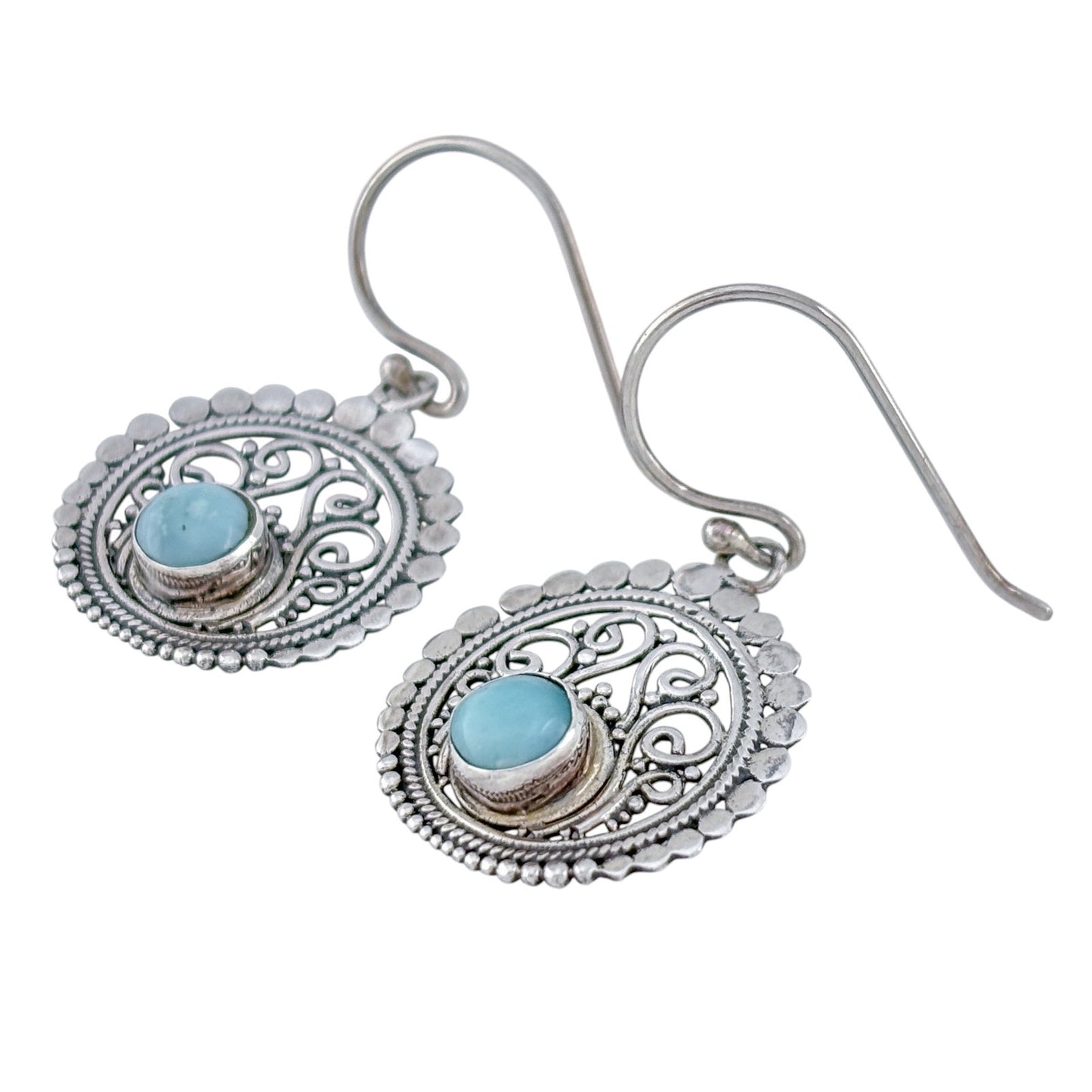 Vintage Sterling Silver 925 Larimar Filigree Dangle Earrings
