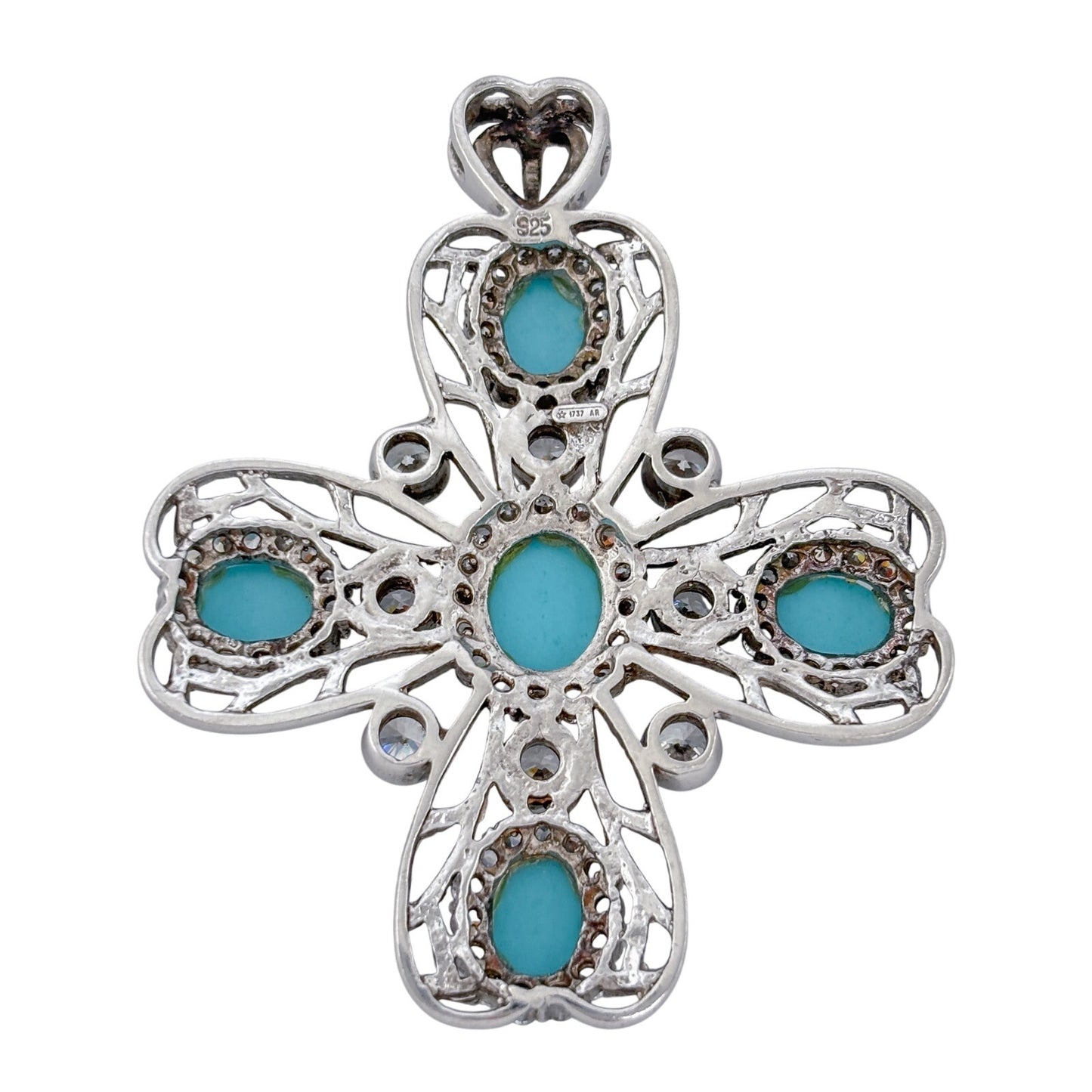 Vintage Sterling Silver 925 Turquoise Cubic Zirconia Cross Pendant