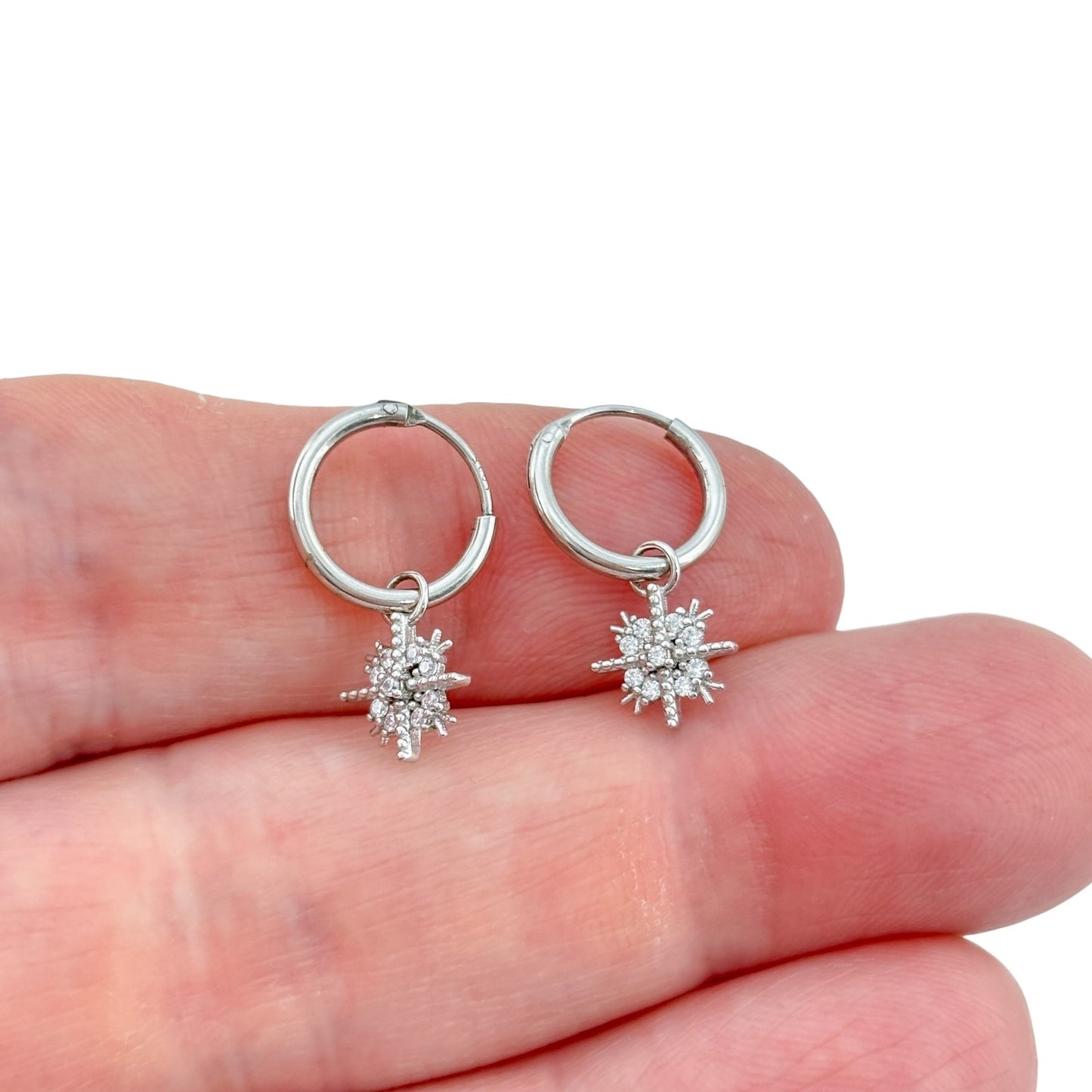 Vintage Sterling Silver 925 Cubic Zirconia Snowflake Hoop Earrings