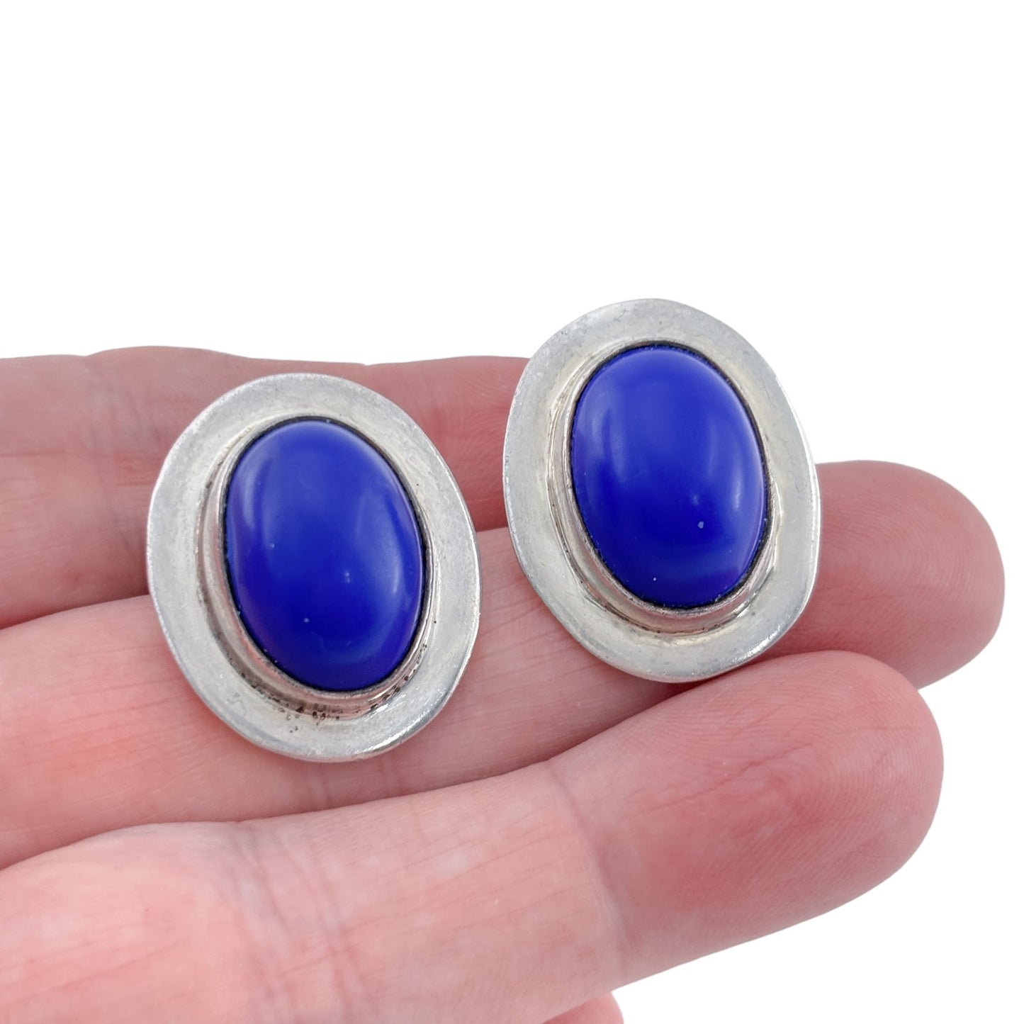 Vintage Mexican Taxco Sterling Silver 925 Blue Cabochon Clip On Earrings