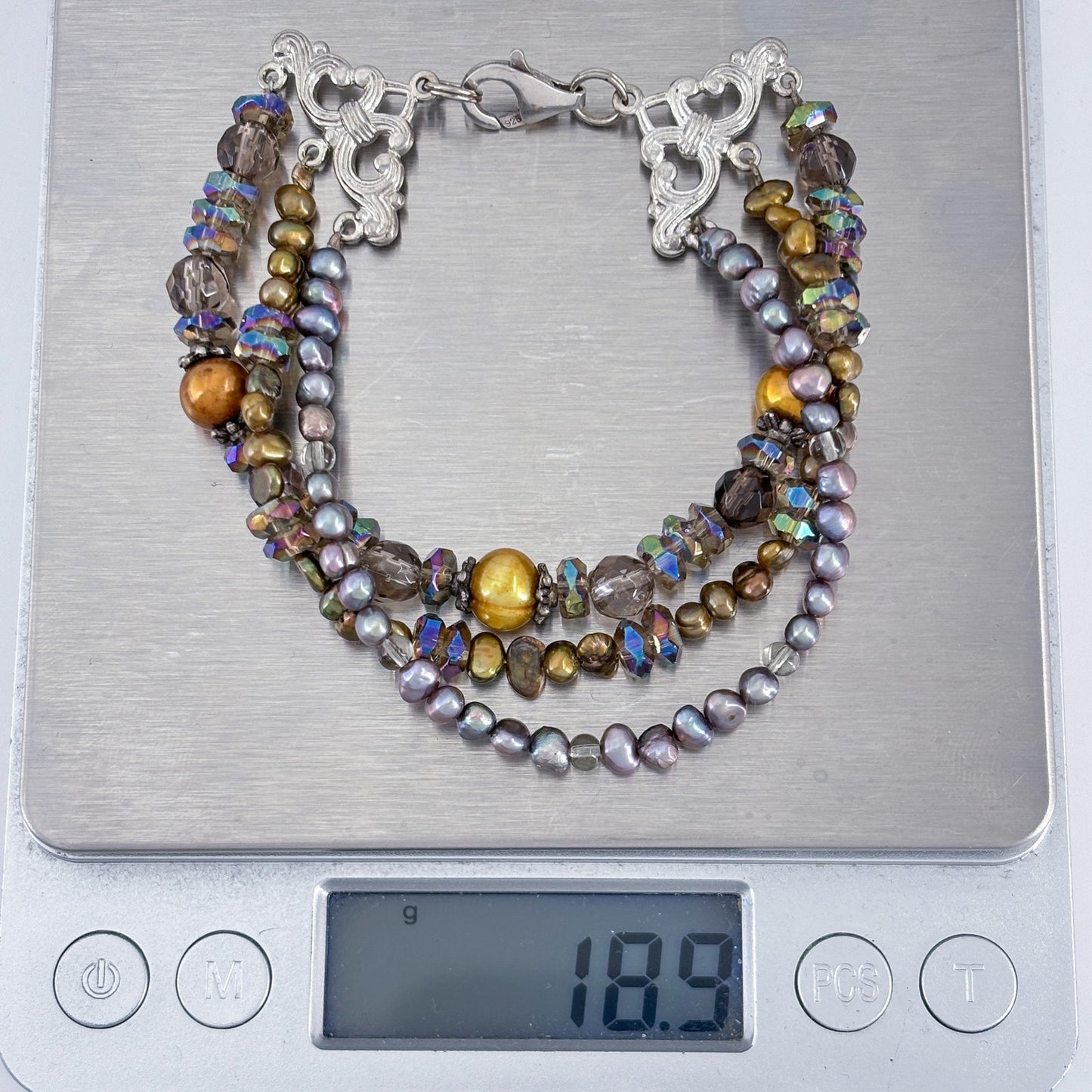 Vintage Sterling Silver 925 Multi Strand Pearl Iridescent Glass Bracelet 7.25"