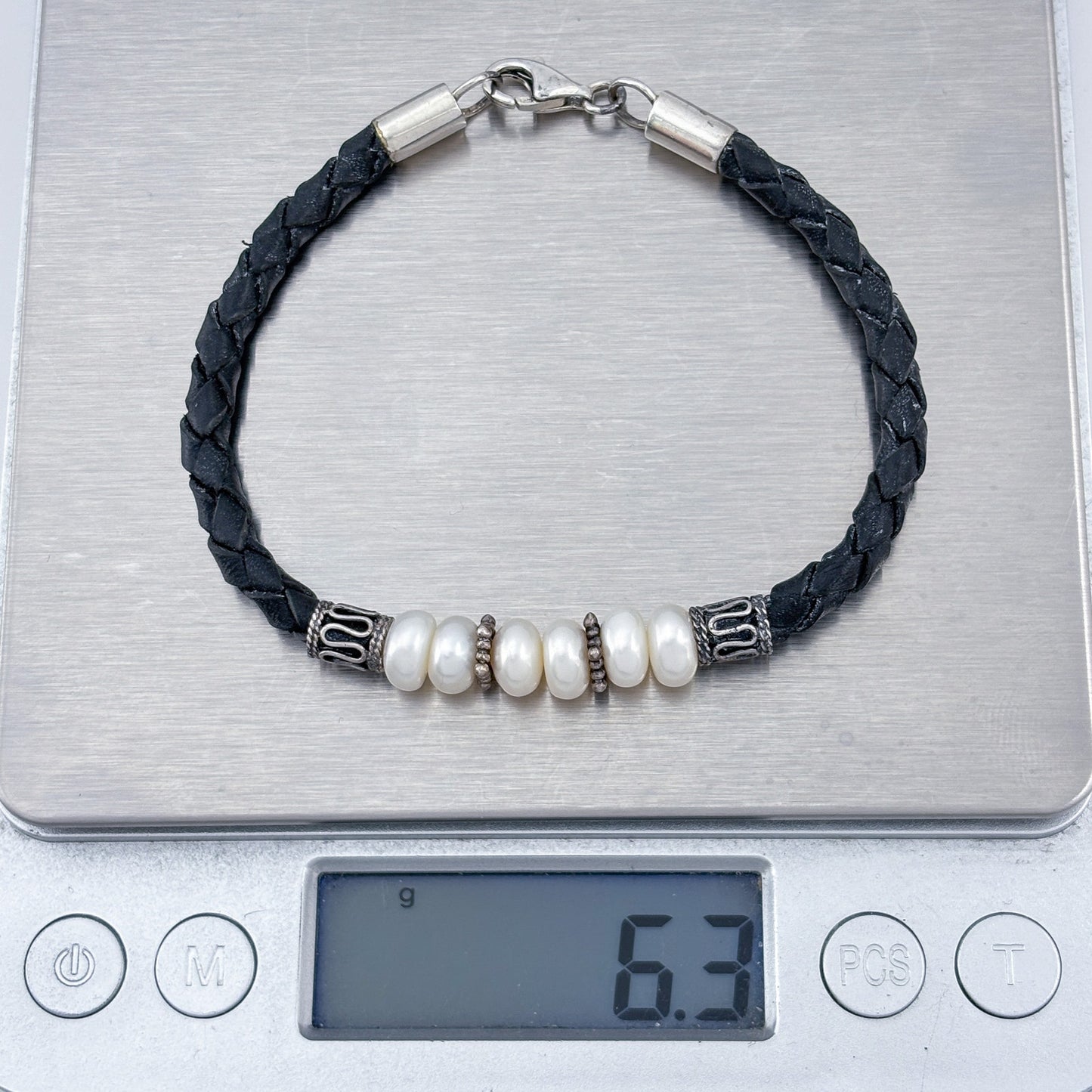 Vintage Sterling Silver 925 Pearl Leather Bracelet 7.5"