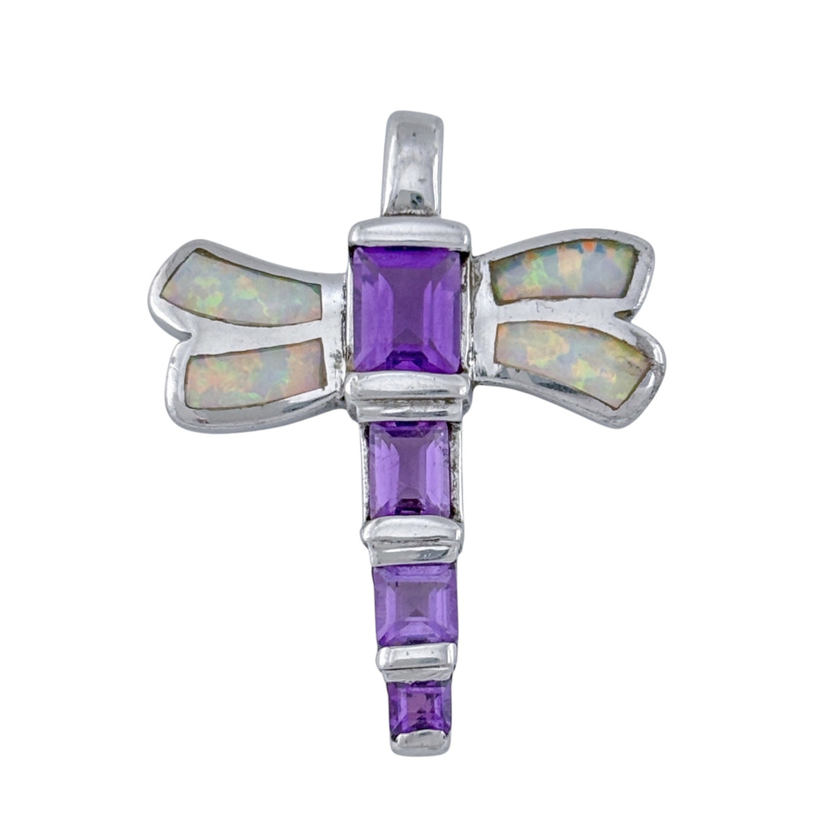 Vintage Sterling Silver 925 Opal & Amethyst Dragonfly Pendant