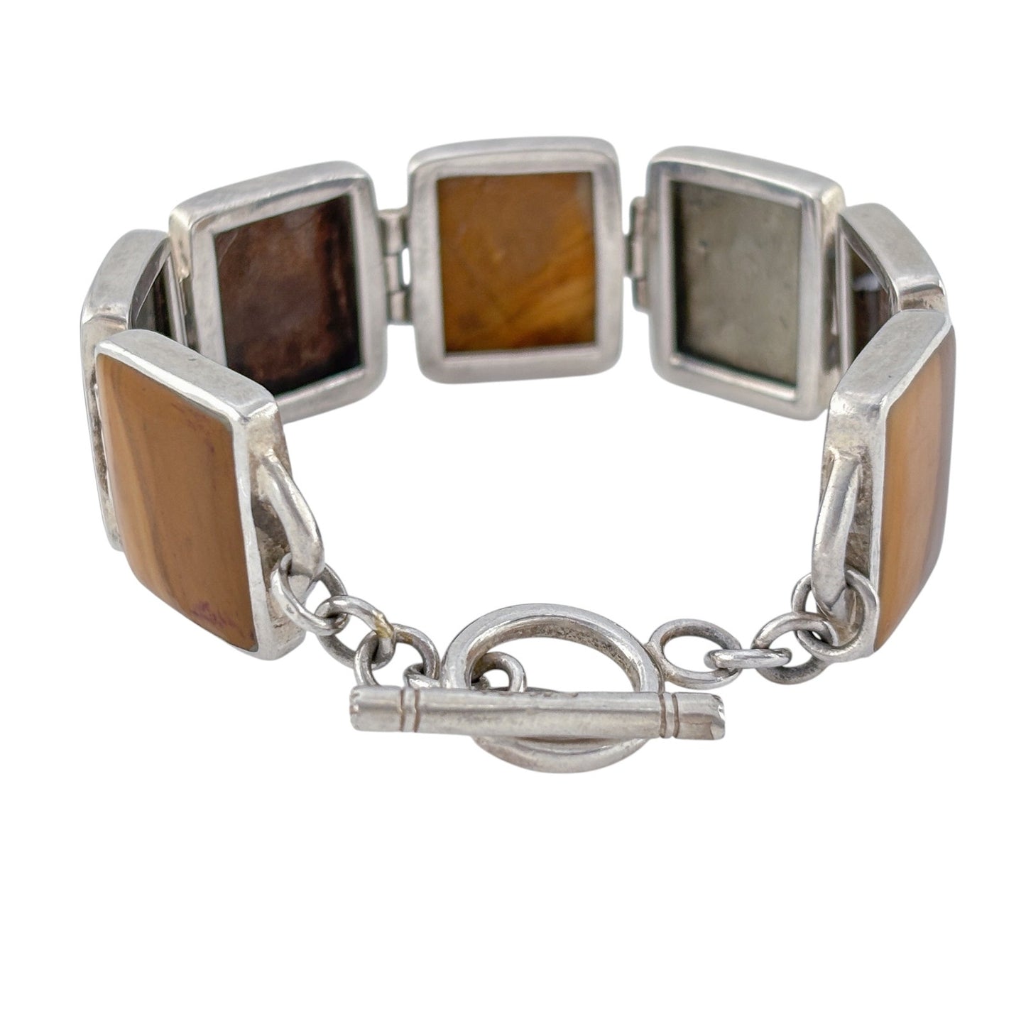 Vintage Sterling Silver 925 Pyrite Bronzite Jasper Link Bracelet 7.25"