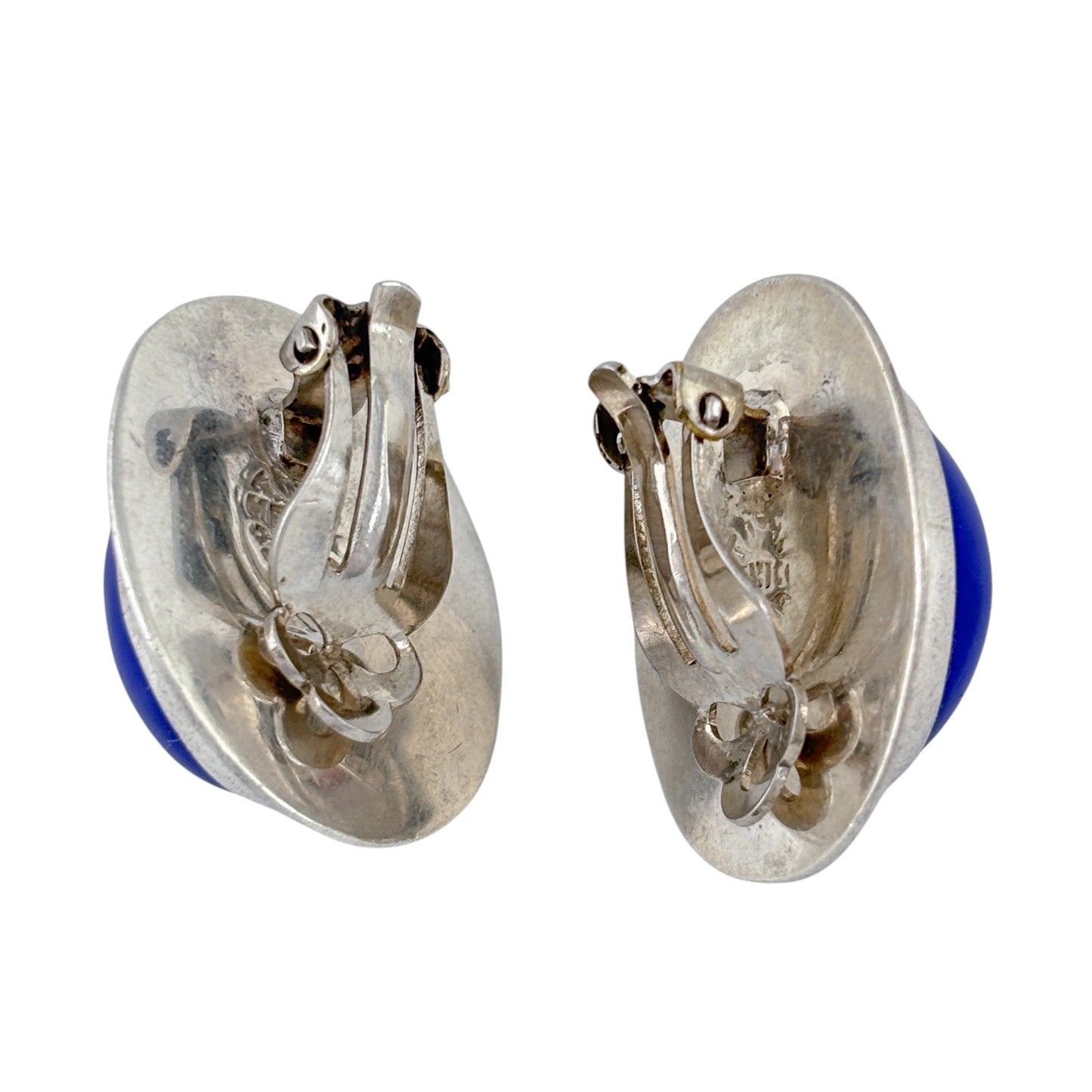 Vintage Mexican Taxco Sterling Silver 925 Blue Cabochon Clip On Earrings
