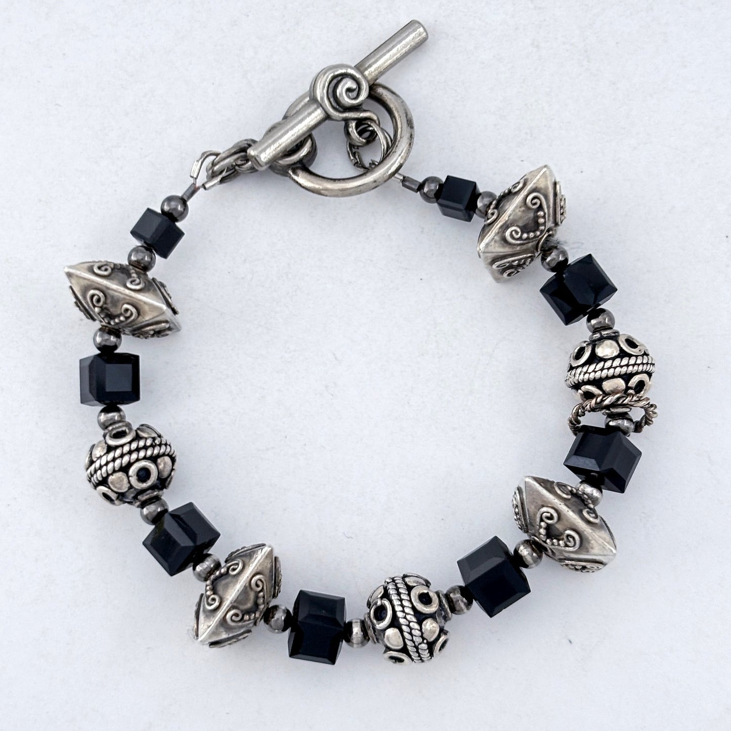 Vintage Sterling Silver 925 Black Bead Bracelet 7"
