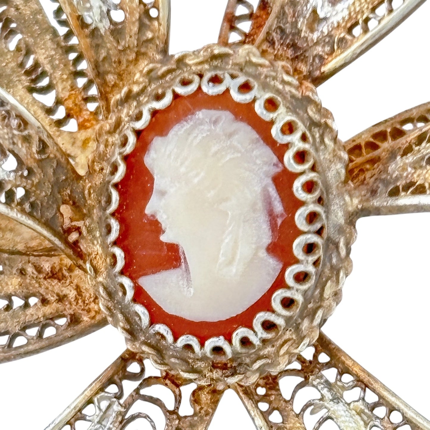 Vintage Vermeil Over Sterling Silver 800 Shell Cameo Filigree Bow Brooch