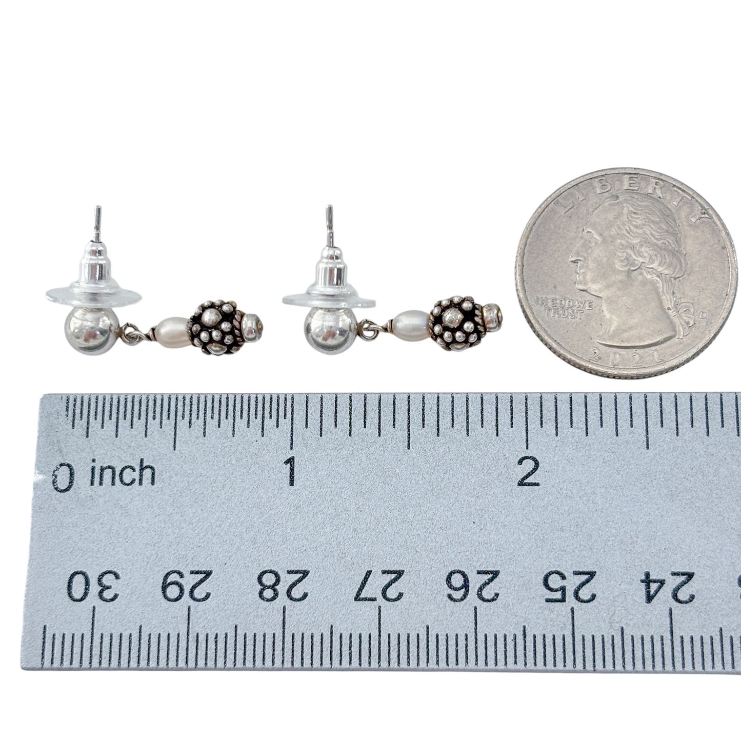Vintage Sterling Silver 925 Pearl Bead Dangle Stud Earrings