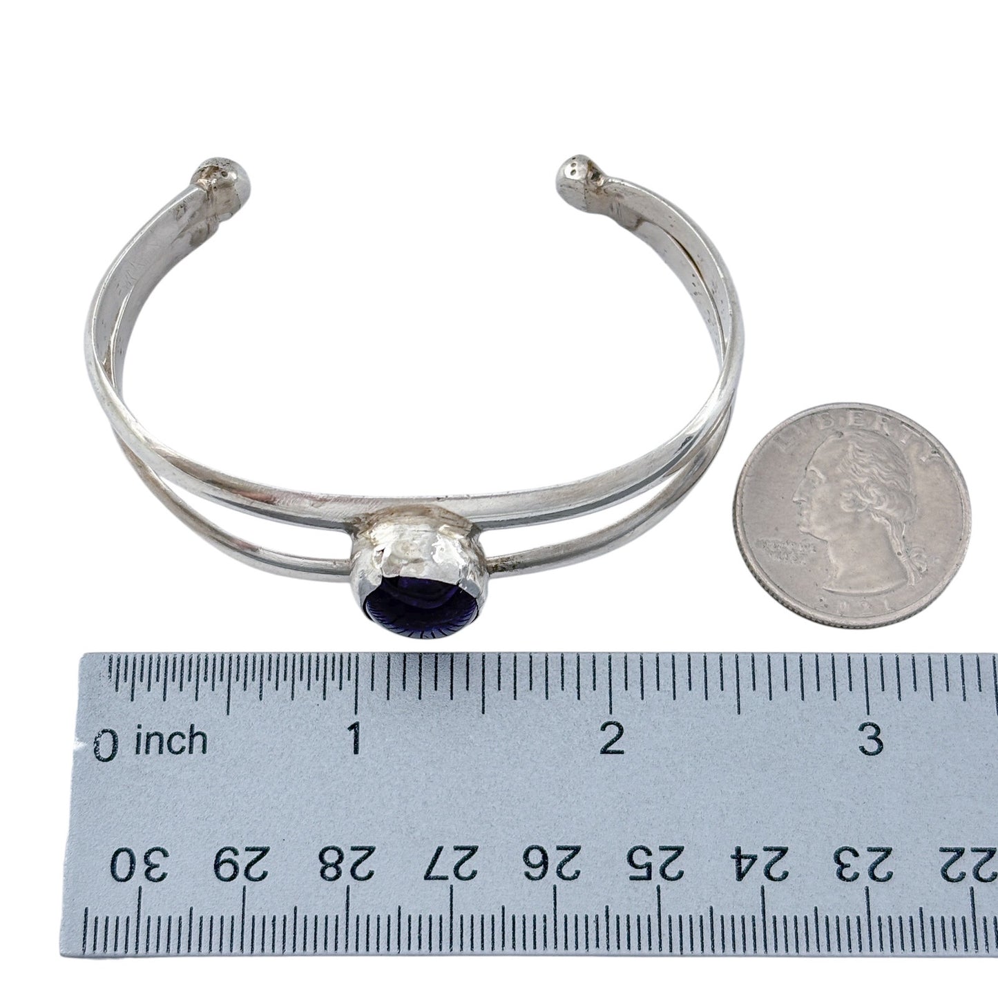 Vintage Sterling Silver 925 Sandcast Amethyst Cuff Bracelet 6.5"