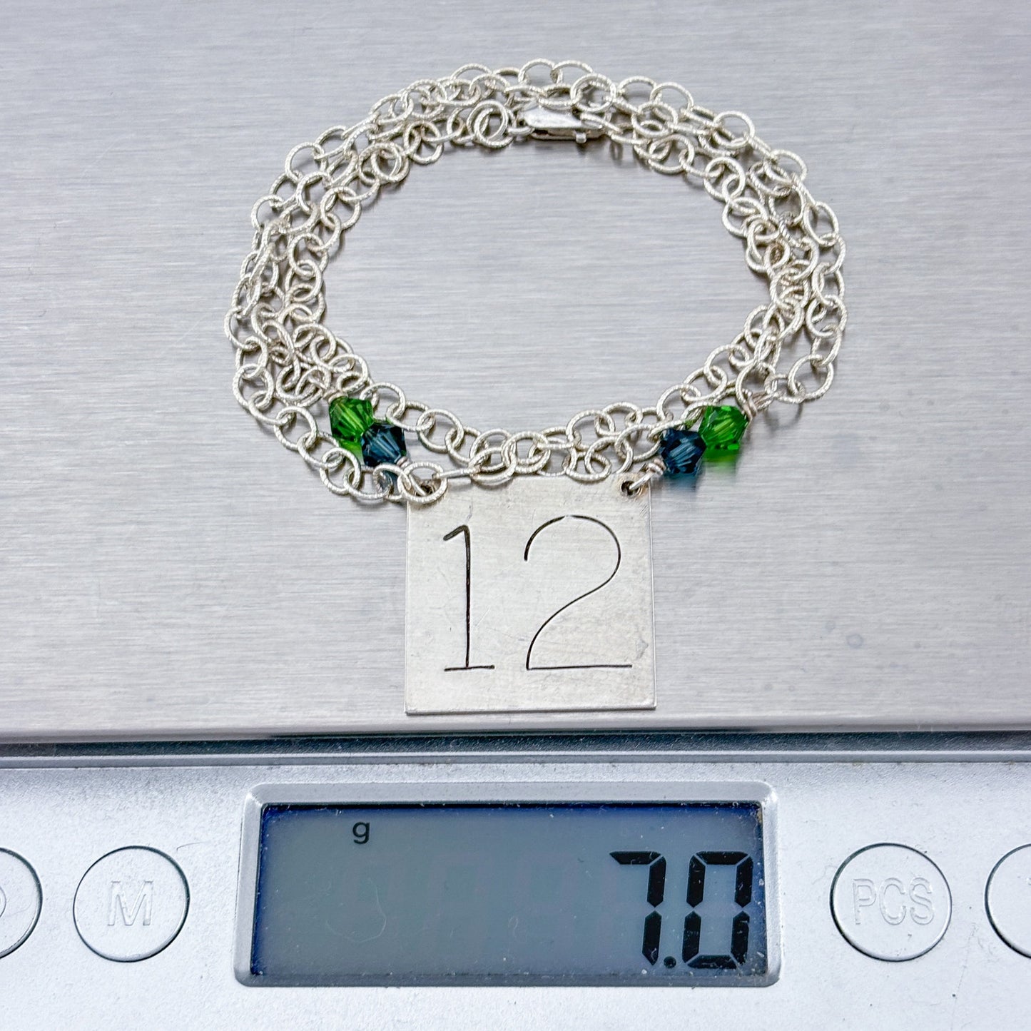 Vintage Sterling Silver 925 Number 12 Blue Green Crystal Necklace 18"