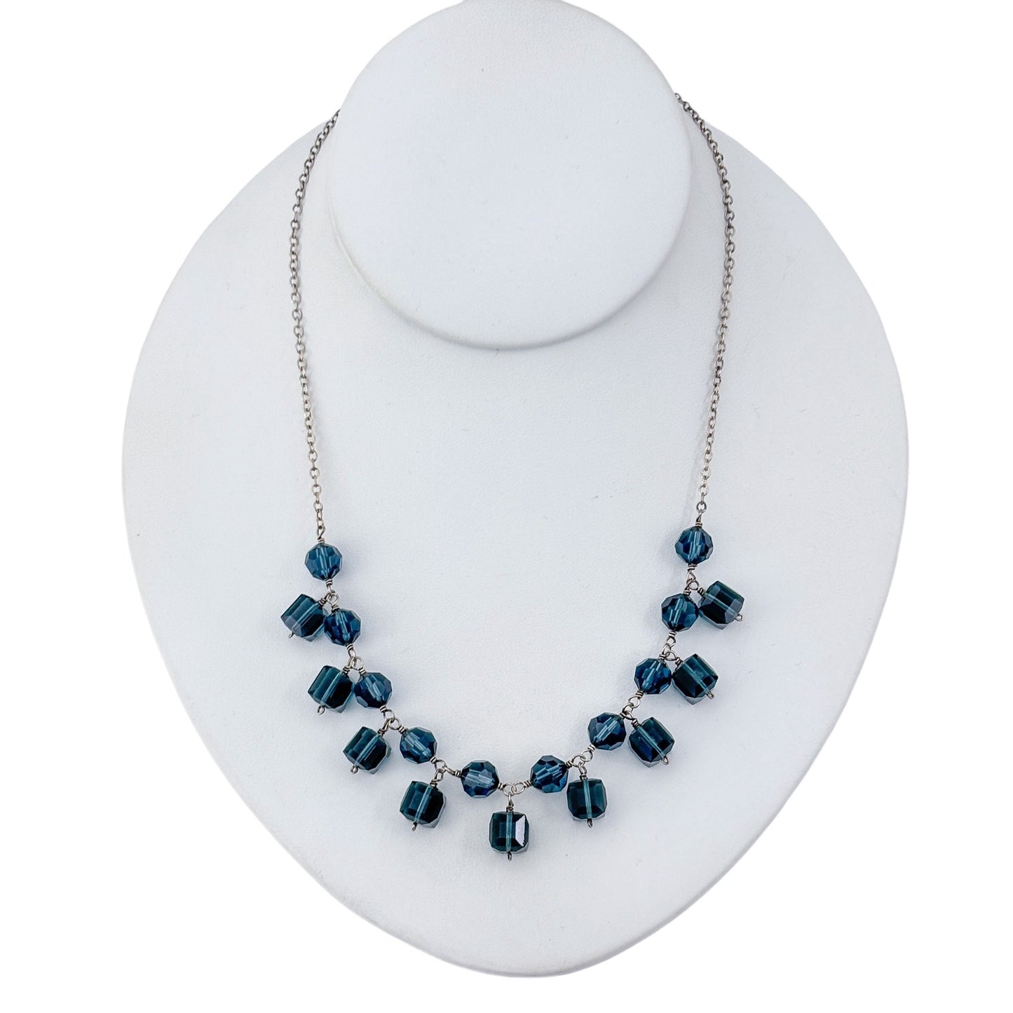 Vintage Sterling Silver 925 Blue Crystal Necklace 16"-17.25"