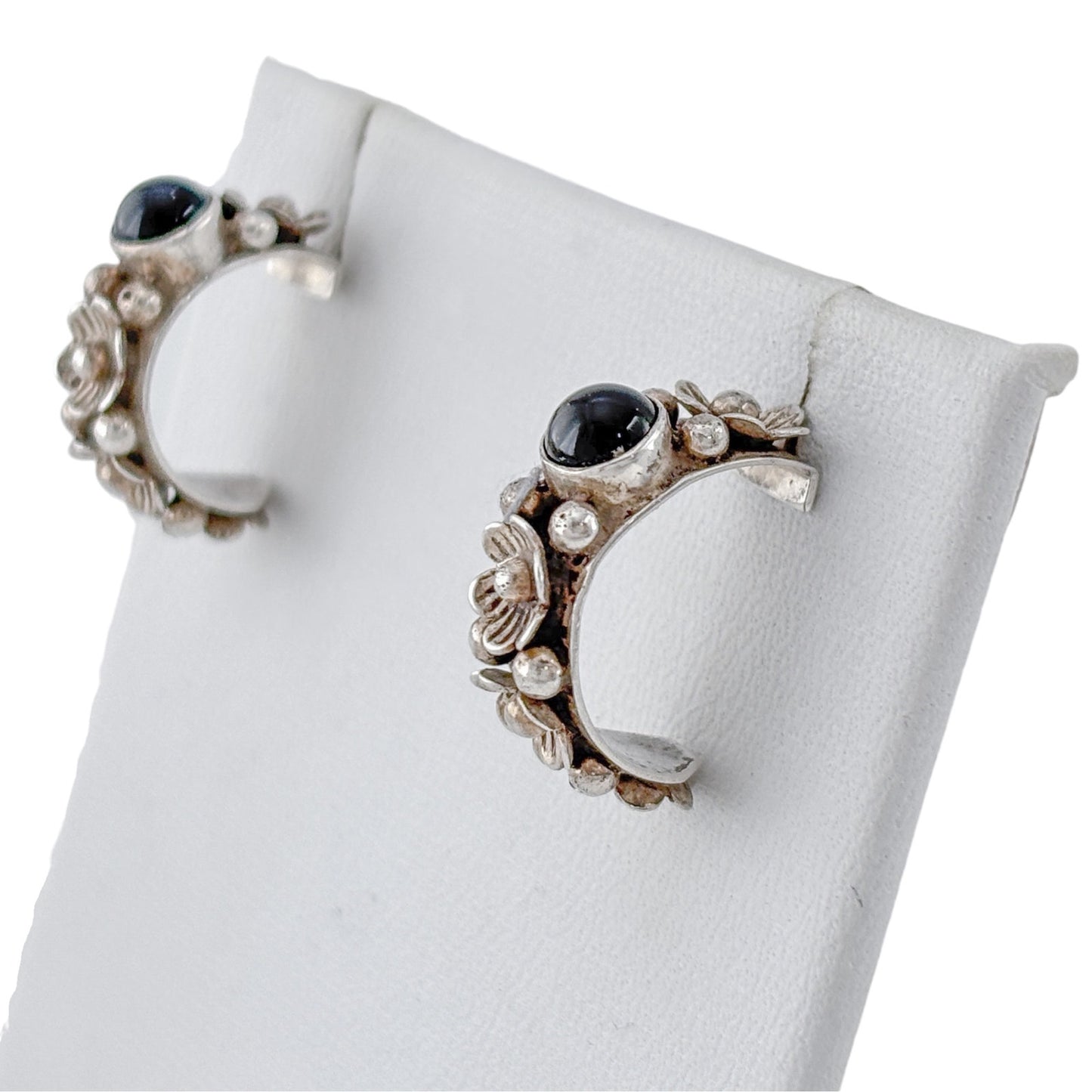 Vintage Sterling Silver 925 Onyx Floral Hoop Earrings