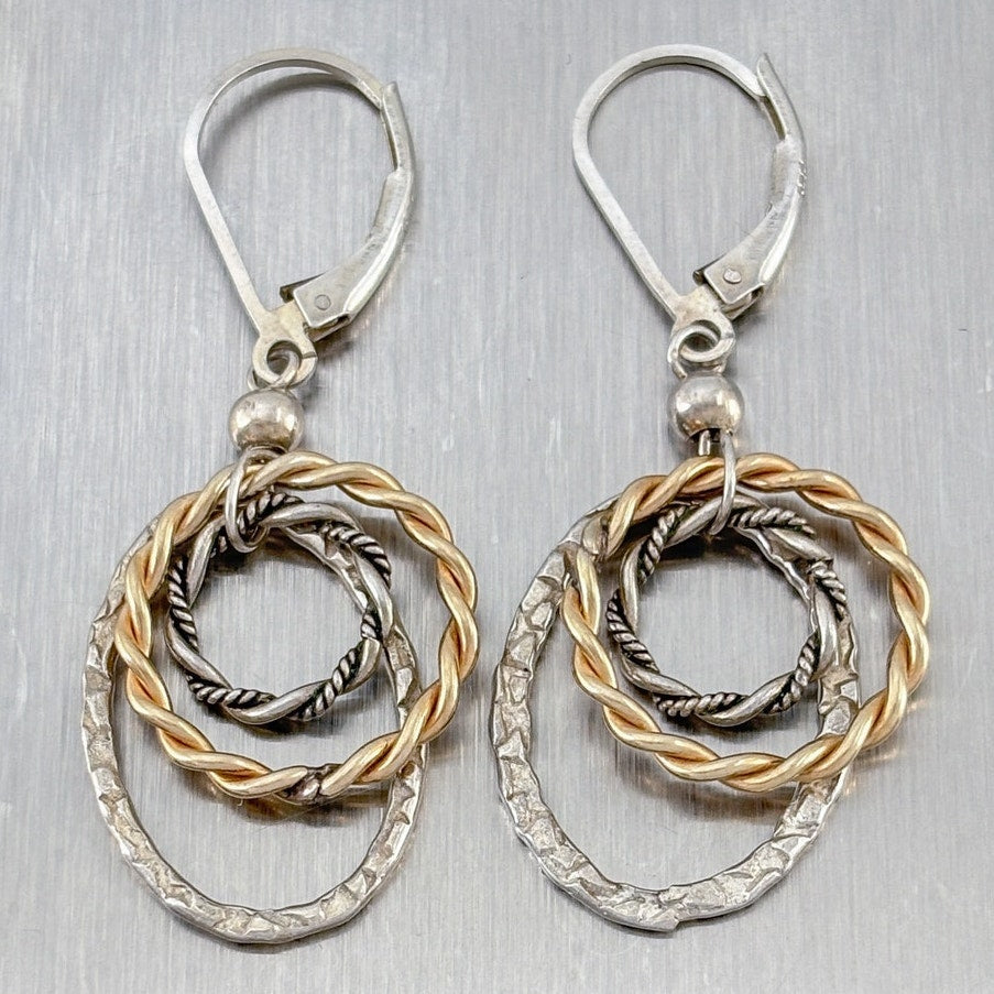 Vintage Sterling Silver 925 Two Tone Hoop Dangle Earrings