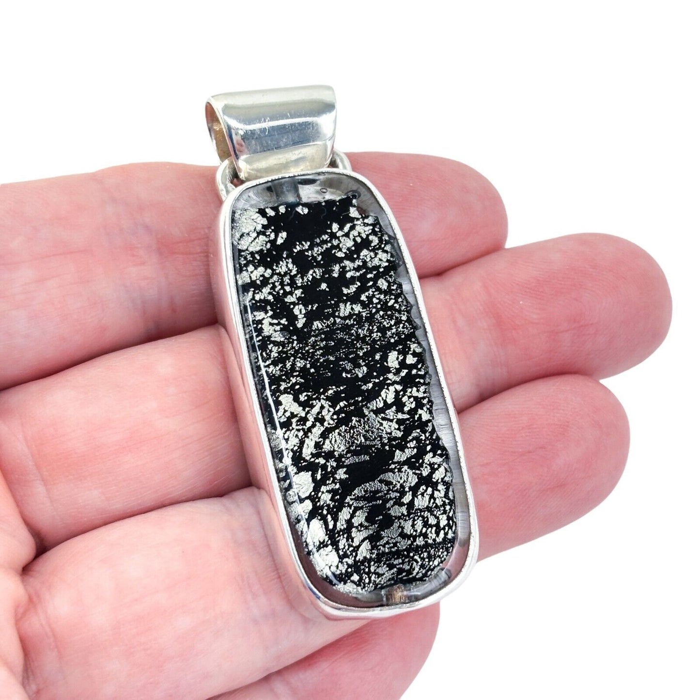 Vintage Sterling Silver 925 6.5cm Black Dichroic Glass Modernist Pendant