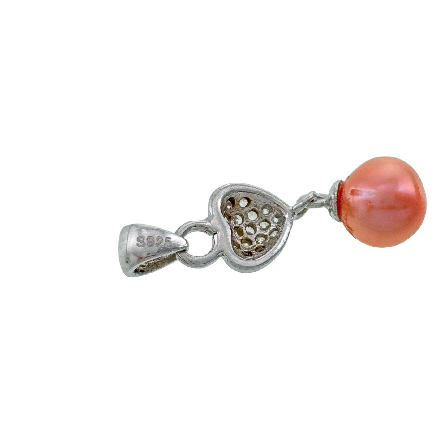 Vintage Sterling Silver 925 Cubic Zirconia Heart Pink Pearl Dangle Pendant
