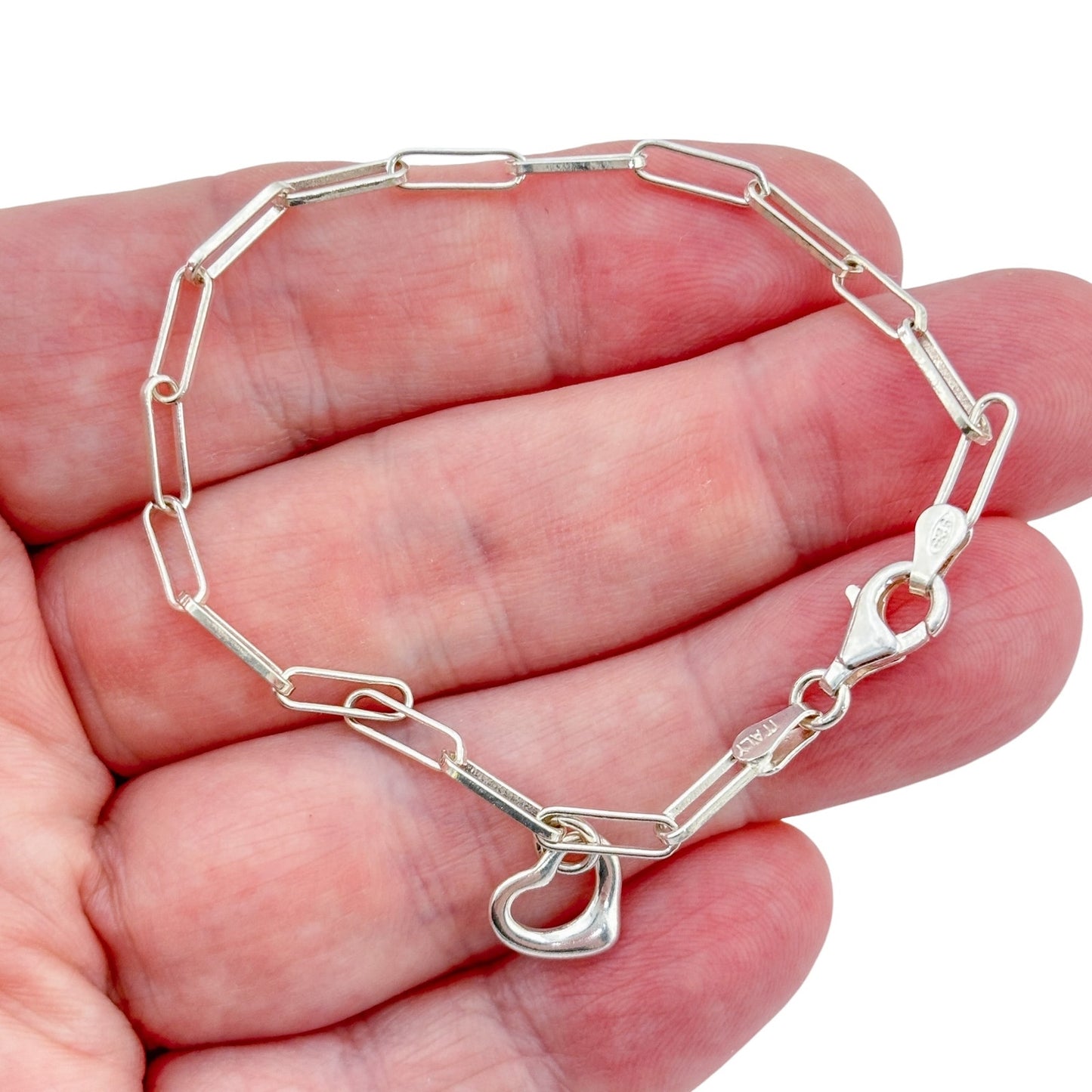Vintage Sterling Silver 925 Paperclip Chain Heart Bracelet 7"