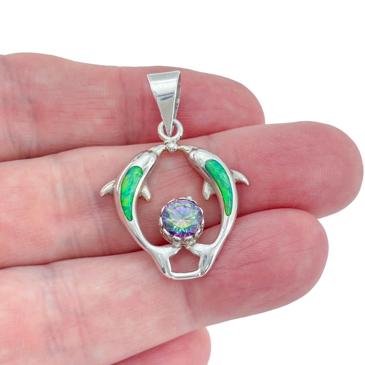 Vintage Sterling Silver 925 Green Opal Mystic Cubic Zirconia Dolphin Pendant
