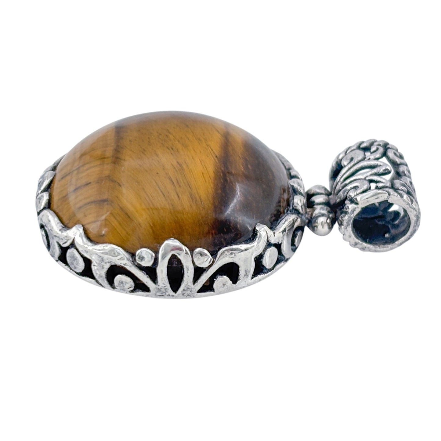 Vintage Sterling Silver 925 Scrollwork Tiger Eye Pendant